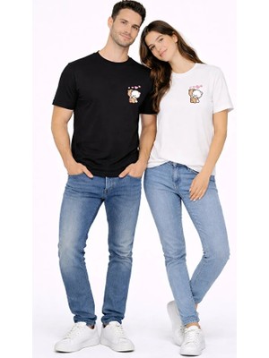 Nevermind Sevgili Kombini Minimal Ayıcık Kalp Baskılı Çift Tişört Oversize Unisex 2’li Set