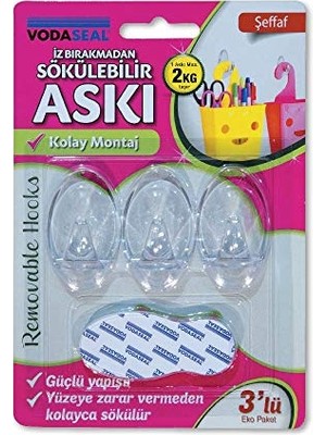 Vodaseal 53.01.055 3'lü Şeffaf Iz Bırakmayan Askı, Şeffaf