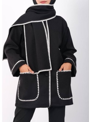 Modamorfo Önü Düğmeli Atkılı Cepli Ceket -Siyah