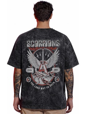 Sevbano Tasarım Scorpions Rock Metal Müzik Grubu Sırt Baskılı Unisex Oversize Eskitme Yıkamalı Tişört