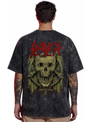 Sevbano Tasarım Slayer Rock Metal Müzik Grubu Sırt Baskılı Unisex Oversize Eskitme Yıkamalı Tişört