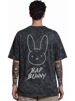 Sevbano Tasarım Bad Bunny Şarkıcı Rapper Sırt Baskılı Unisex Oversize Eskitme Yıkamalı Tişört