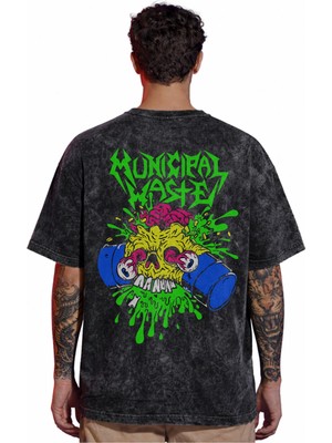 Sevbano Tasarım Municipal Waste Rock Metal Müzik Grubu Sırt Baskılı Unisex Oversize Eskitme Yıkamalı Tişört