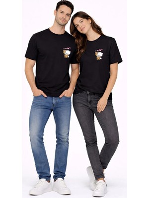 Nevermind Sevgili Kombini Minimal Ayıcık Kalp Baskılı Çift Tişört Oversize Unisex 2’li Set