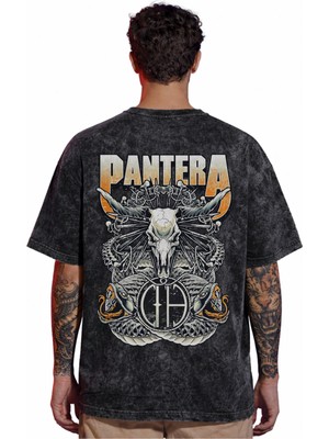 Sevbano Tasarım Pantera Rock Metal Müzik Grubu Sırt Baskılı Unisex Oversize Eskitme Yıkamalı Tişört