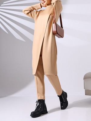 Modamorfo Dik Yaka Önü Çift Kat Tunik Pantolon Scuba Takım -Vizon