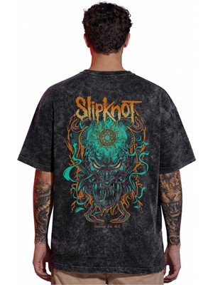 Sevbano Tasarım Slipknot Rock Metal Müzik Grubu Sırt Baskılı Unisex Oversize Eskitme Yıkamalı Tişört