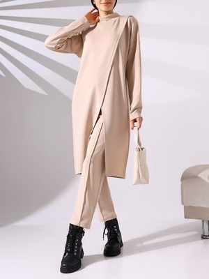 Modamorfo Dik Yaka Önü Çift Kat Tunik Pantolon Scuba Takım -Bej