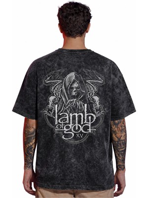 Sevbano Tasarım Lamb Of God Rock Metal Müzik Grubu Sırt Baskılı Unisex Oversize Eskitme Yıkamalı Tişört