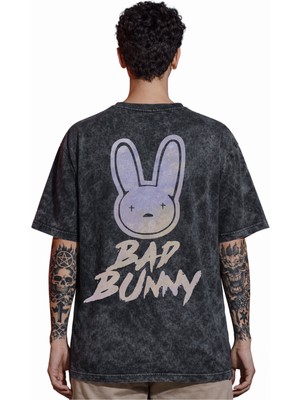 Sevbano Tasarım Bad Bunny Şarkıcı Rapper Sırt Baskılı Unisex Oversize Eskitme Yıkamalı Tişört