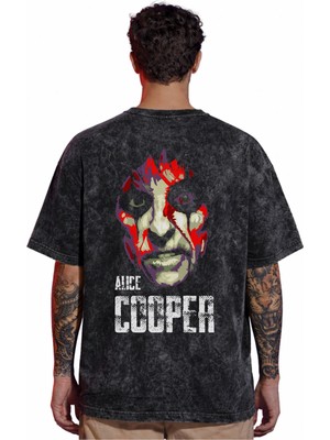 Sevbano Tasarım Alice Cooper Rock Metal Şarkıcı Sırt Baskılı Unisex Oversize Eskitme Yıkamalı Tişört