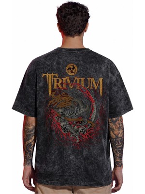 Sevbano Tasarım Trivium Rock Metal Müzik Grubu Sırt Baskılı Unisex Oversize Eskitme Yıkamalı Tişört