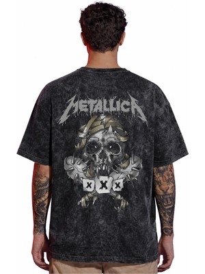 Sevbano Tasarım Metallica Rock Metal Müzik Grubu Sırt Baskılı Unisex Oversize Eskitme Yıkamalı Tişört