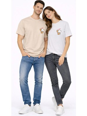 Nevermind Sevgili Kombini Minimal Ayıcık Kalp Baskılı Çift Tişört Oversize Unisex 2’li Set