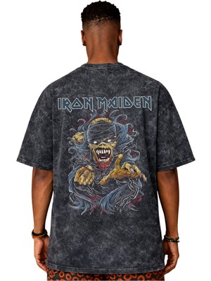 Sevbano Tasarım Iron Maiden Rock Metal Müzik Grubu Sırt Baskılı Unisex Oversize Eskitme Yıkamalı Tişört