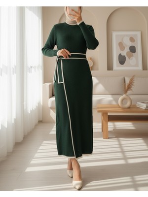 Modamorfo Yandan Bağlamalı Etekli Alerli Triko Elbise -Zümrüt