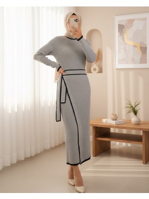 Modamorfo Yandan Bağlamalı Etekli Alerli Triko Elbise -Gri