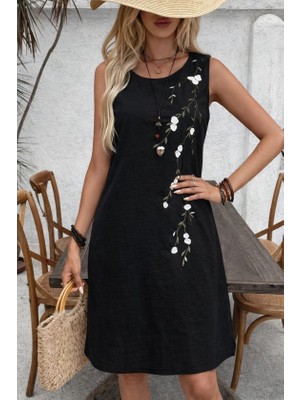 Nidam Butik Kadın Askılı Yuvarlak Yakalı Çiçek Desenli Kısa Elbise