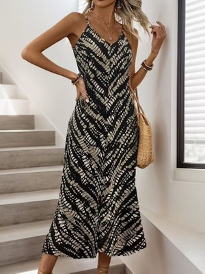 Arben Boutique Kadın Ip Askılı V Yakalı Desenli Uzun Süprem Elbise