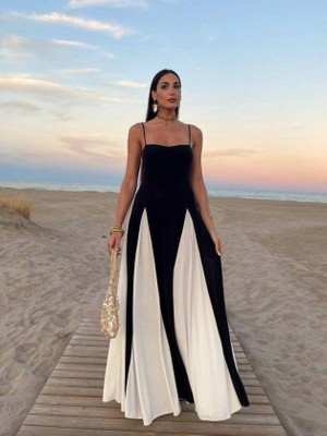 Kendim Fashion Kadın Eteği Parçalı Sıfır Kol Maxi Elbise