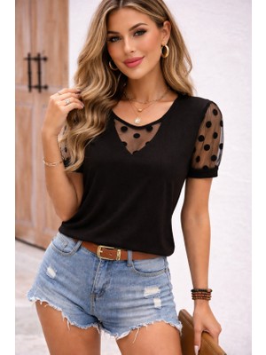 Kendim Fashion Kadın Puantiyeli Tül Koy Detay Bluz