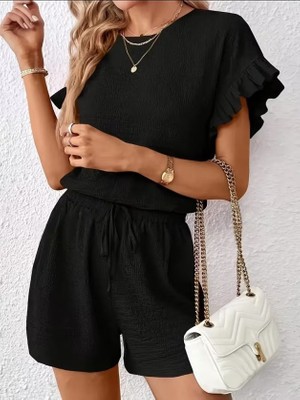 Arben Boutique Kadın Kısa Kollu Bisiklet Yaka Bürümcük Bluz ve Kısa Short Ikili Takım