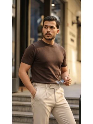 Cottonlab Erkek Basic Bisiklet Yaka Kısa Kollu Triko Tişört - %100 Pamuk Akrilik