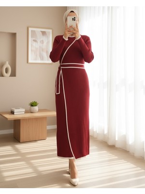 Modamorfo Yandan Bağlamalı Etekli Alerli Triko Elbise -Bordo