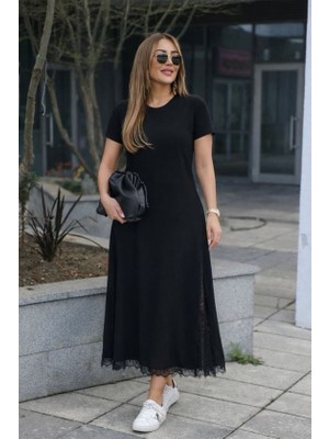 Gökyüzü Moda Kadın Kısa Kollu Bisiklet Yaka Yandan Yırtmaçlı Dantel Detaylı Uzun Viskon Elbise