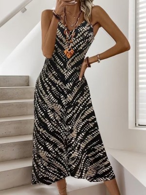Kendim Fashion Kadın Ip Askılı V Yakalı Desenli Uzun Süprem Elbise
