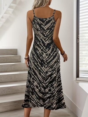 Nuvıraa Kadın Ip Askılı V Yakalı Desenli Uzun Süprem Elbise