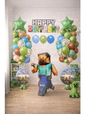Eng Parti Dünyası 33 Parça Minecraft Temalı Doğum Günü Balon Konsepti - Happy Birthday Seti HPY-1005