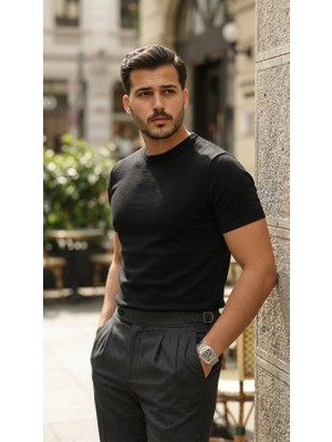 Janes Erkek Basic Bisiklet Yaka Kısa Kollu Triko Tişört - %100 Pamuk Akrilik