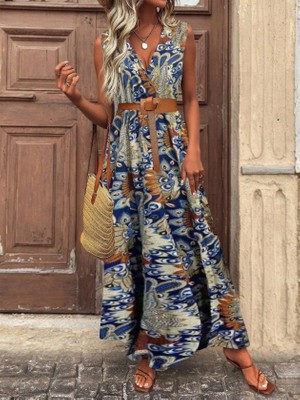 Sun & North Sun&north Kadın Askılı Kruvaze Yakalı Uzun Desenli Kemersiz Süprem Elbise