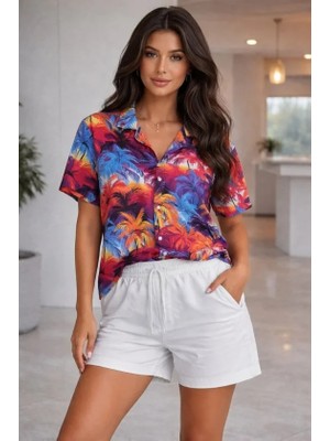 Buğrahayalin Renkli Tropikal Palmiye Desenli Kısa Kol Gömlek Şort Takım Yazlık Rahat Kalıp - Desenli