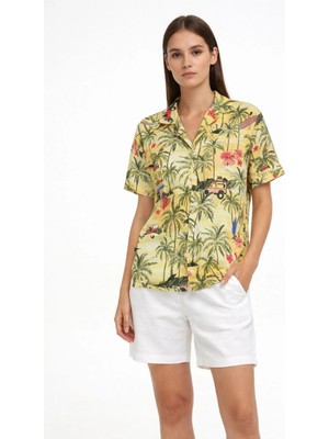 Hsc Bilişim Kadın Gün Batımı Tropikal Desenli Kısa Kol Gömlek Şort Takım Yazlık Rahat Kalıp - Desenli