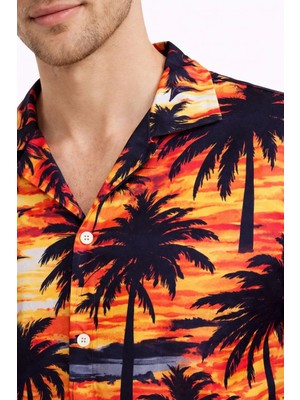 Hsc Bilişim Erkek Gün Batımı Palmiye Desenli Kısa Kol Gömlek Hawaii Tarz Yazlık Rahat Kalıp - Desenli