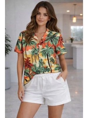 paris store Tropikal Palmiye Desenli Kısa Kol Gömlek Şort Takım Yazlık Rahat - Desenli