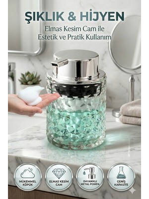Playtronik Lüks Elmas Desenli Cam Sıvı Sabunluk Banyo Tuvalet Veya Mutfak - Dekoratif Banyo Aksesuarı