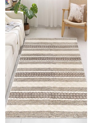 Pelura Halı Modern Kilim Desenli Bej Baskılı Kaymaz Yıkanabilir Salon Oturma Odası Mutfak Antre Halısı Yolluk