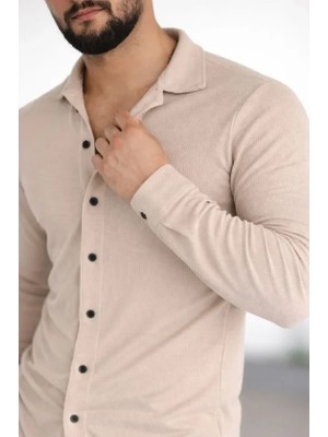 paris store Erkek Waffle Kumaş Uzun Kollu Düğmeli Açık Yaka Regular Fit Gömlek - Bej