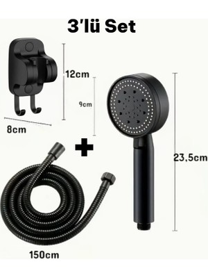 Irk Metal Deyhome Turbo Fanlı 3'lü Set Siyah 5 Fonksiyonlu Turbo Jet Pervaneli Duş Başlığı+ Örgülü Hortum (150cm) +Askı Aparatı