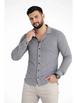 paris store Erkek Waffle Kumaş Uzun Kollu Düğmeli Açık Yaka Regular Fit Gömlek - Füme