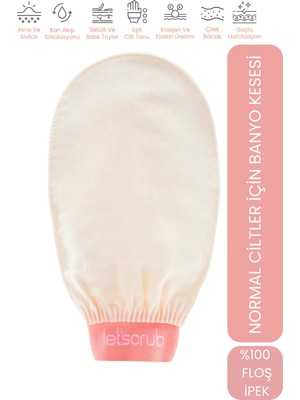 LET'SCRUB Ekru Banyo Duş Kesesi Peeling Eldiveni %100 Floş Ipek Normal Ciltler İçin