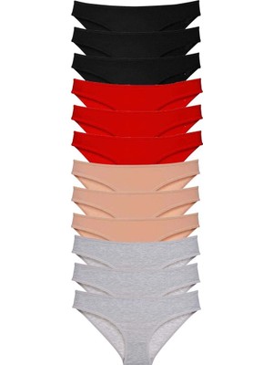 12 Adet Süper Eko Set Likralı Kadın Slip Külot Siyah Kırmızı Ten Gri