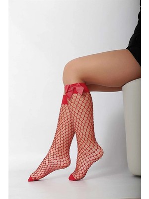 Kırmızı Fileli Diz Altı Fiyonklu Kız Çocuk Çorap