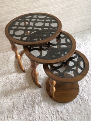 Evnesya Zen Zigon Sehpa Ceviz MDF Yüzeyli 3 Adet Yuvarlak Tasarım 50 cm Derinlik 54 cm Yükseklik