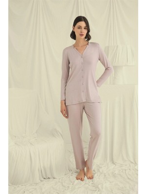 Pileli Store Pilelistore Uzun Kollu Düğmeli V Yaka Pijama Takımı