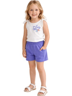 Çikoby Kız Çocuk ikili Takım Omuzdan Bağlamalı Askılı Baskılı Ekru Bluz Mor Şort