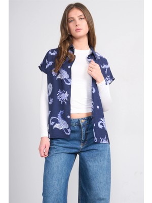 Fithit 1623 Kadın Kısa Kol Regular Viskon Gömlek Lacivert Üzeri Şal Desen